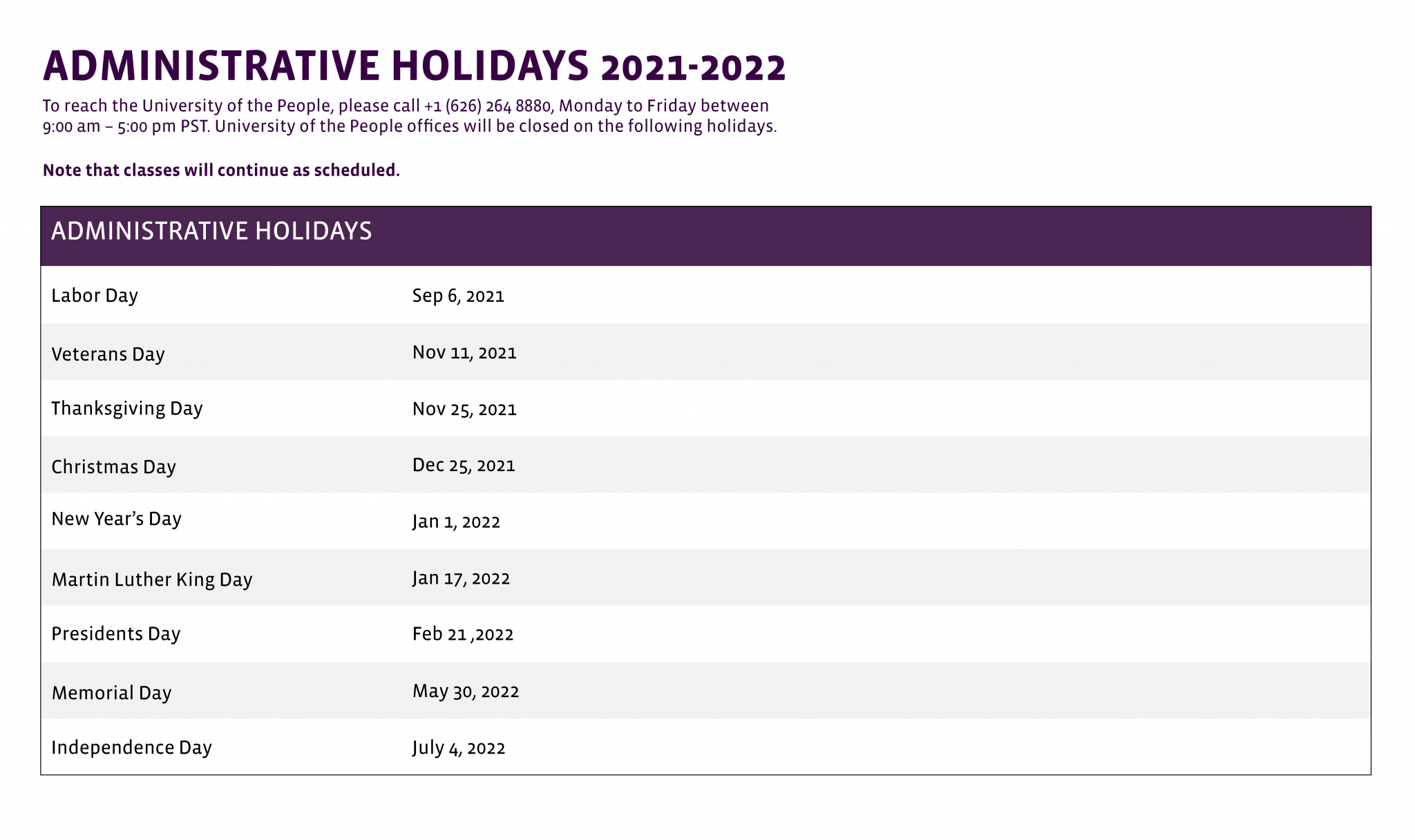 Administrative Holidays 20252026 Uopeople Catalog