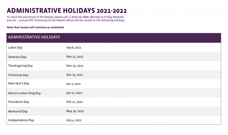 Administrative Holidays 2022-2023 - uopeople catalog